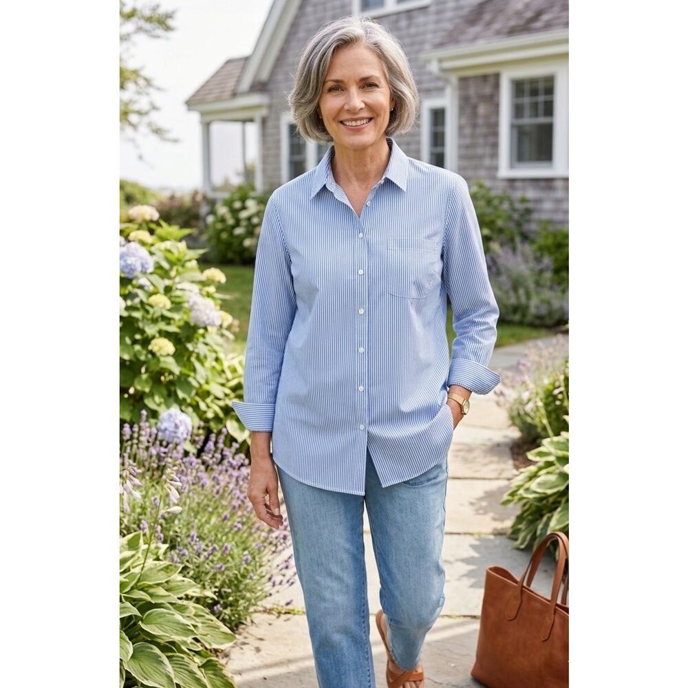 Coldwater Creek Women's Medium M Blue White Striped Button Up Shirt 100% Cotton